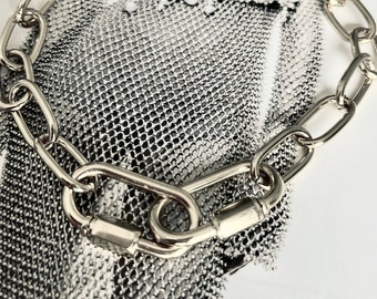 Silver Double Clasps Choker, Silver Bold Choker, Double Carabiner Clasp Necklace