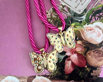 Gold Butterfly Zircon Pendant, Pink tie  charm necklace , Silk twisted rope necklace with butterfly pendant