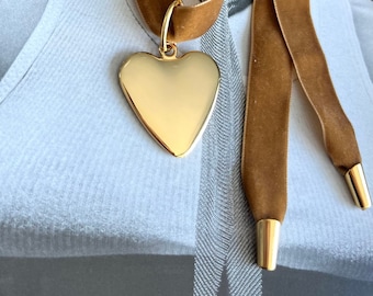 Large gold heart velvet choker, Shiny heart  tie choker, Heart pendant necklace, French style jewelry, Wrapped Ribbon Choker