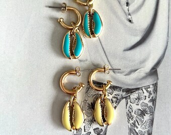 Cowrie Hoop Earrings Conch Huggies earrings Dangling Hoop Earrings Blue or Yellow gold plated hoops Enamel Cowrie Hoops Lightweight hoops