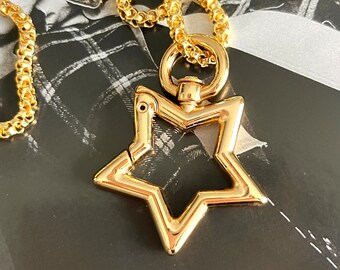 Bold Star necklace, Gold Big Clasp long necklace, Polished Carabiner Star necklace, Star choker