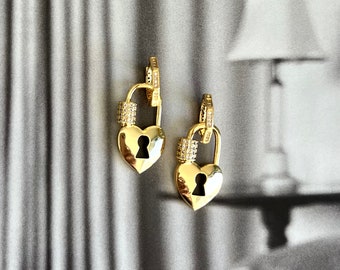 Hoops earrings with Cz padlock charm, Enamel  Charm Gold Mini Hoops,Italian Enamel Hoops,Minimalist and everyday use hoops