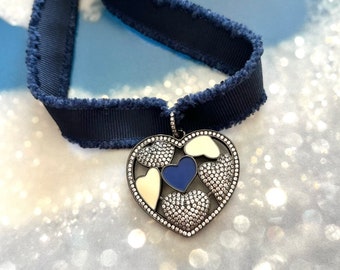 Navy blue ribbon choker necklace with zircons, Gunmetal Heart pendant, Boho style tie necklace, Bohemian jewelry, Wrapped Choker