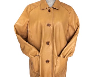 Vintage Butter Yellow Leather Jacket, Button-Up Coat, Size XL