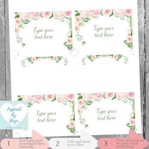 Marque Place pour Buffet Rose Floral, Printemps Étiquette Buffet, Mariage, Téléchargement Instantané, Carte en français, PDF Modifiable