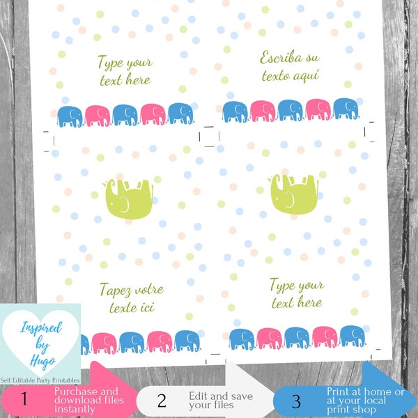 Elephant Food Labels Tent, Baby Shower, Baptism, Christening, 1st Birthday Food Tag Foldable Buffet Table Card INSTANT DOWNLOAD Editable PDF