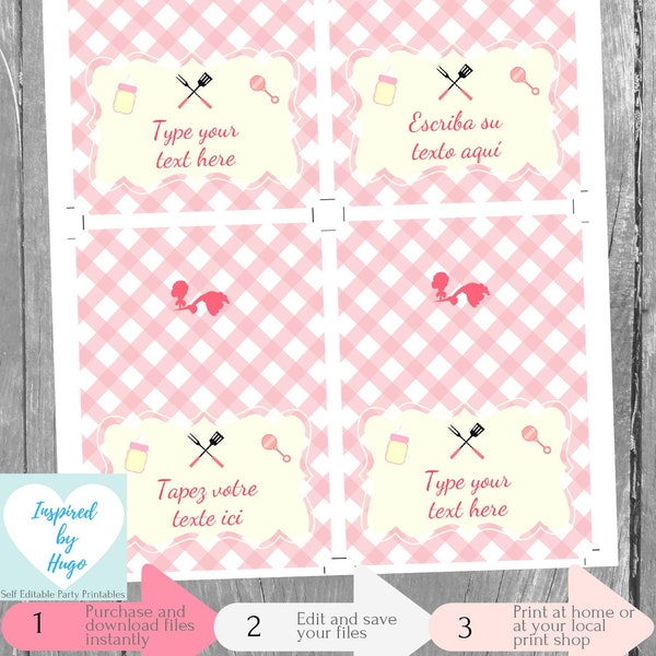 Girl BBQ Food Labels Tent, Baby Shower, Baptism, Christening, 1st Birthday Food Tag Foldable Buffet Table Card INSTANT DOWNLOAD Editable pdf