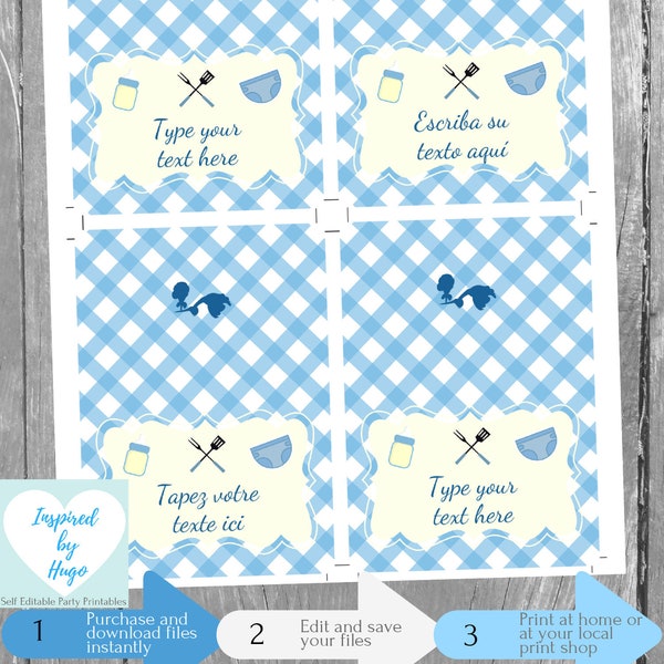 Boy BBQ Food Labels Tent, Baby Shower, Baptism, Christening, 1st Birthday Food Tag, Foldable Buffet Table Card INSTANT DOWNLOAD Editable pdf