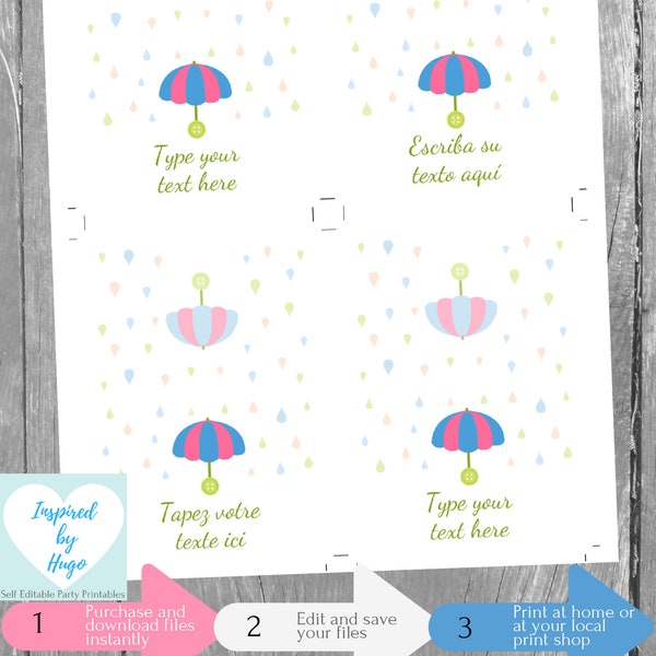 Umbrella Food Labels Tent, Baby Shower, Baptism, Christening, 1st Birthday Food Tag Foldable Buffet Table Card INSTANT DOWNLOAD Editable PDF