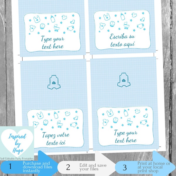 Baby Boy Food Labels Tent, Baby Shower, Baptism, Christening, 1st Birthday Food Tag Foldable Buffet Table Card INSTANT DOWNLOAD Editable PDF