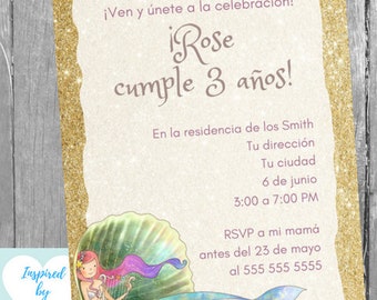 Invitación Sirena Fiesta de Cumpleaños Niña, Invitación Sirenita, Descarga Instantánea, Invitación en español Editable para personalizar
