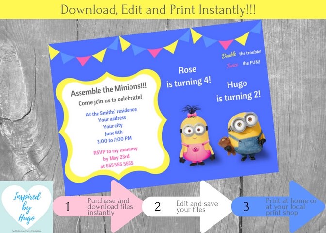 Minions Double Invitation Anniversaire Enfants Moi Moche Et Etsy