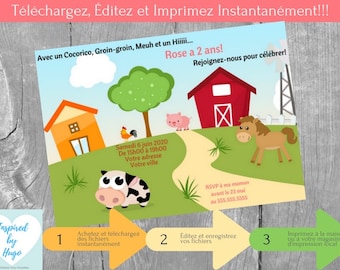 Ferme Invitation fête d'anniversaire fille, Invitation, Basse-cour Téléchargement Instantané Invitation en français Éditable à Personnaliser