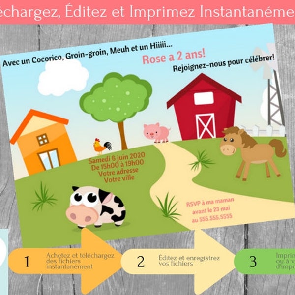 Ferme Invitation fête d'anniversaire fille, Invitation, Basse-cour Téléchargement Instantané Invitation en français Éditable à Personnaliser