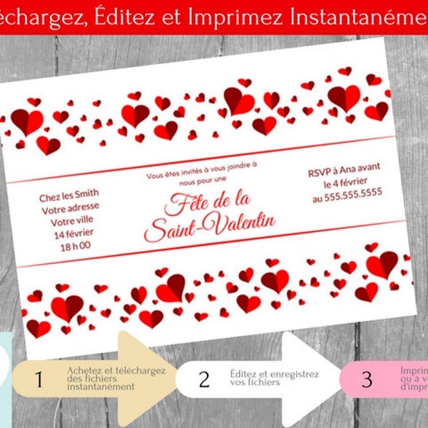 Invitation fête de la Saint Valentin pour adultes, Saint-Valentin, Téléchargement Instantané, Carte d'Invitation en français, PDF modifiable