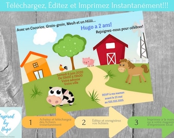 Ferme Invitation fête d'anniversaire garçon, Invitation Basse-cour Téléchargement Instantané Invitation en français Éditable à Personnaliser