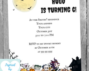 May include: Halloween-themed invitation with the text "Hugo is Turning 6!" featuring a full moon, bats, and cartoon monsters. Includes instructions to download, edit, and print the files. The invitation is for a party at the Smith's residence on October 31st.