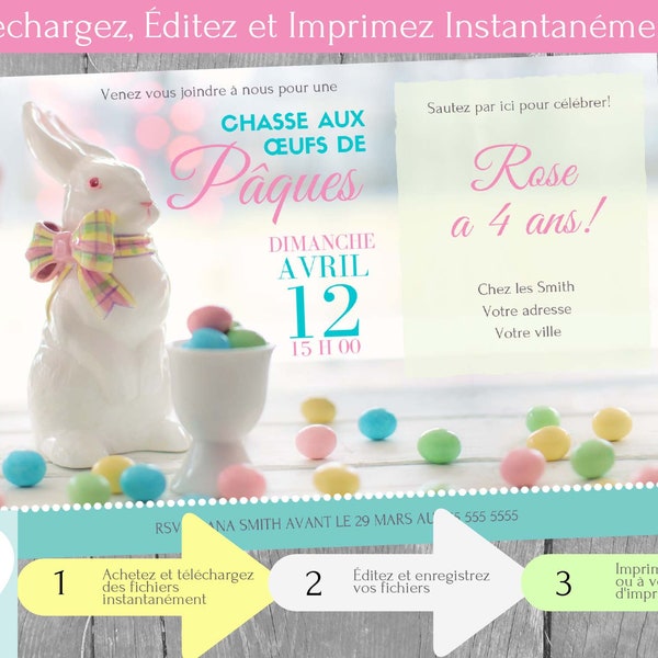 Invitation fête d'anniversaire Chasse aux œufs de Pâques, Idées Fête Pâques, Téléchargement Instantané Invitation en français PDF modifiable