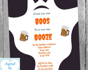May include: Halloween party invitation featuring a white ghost shape with the text "Come for the Boos, Stay for the Booze." Includes beer mugs and event details. The invitation is available for download, edit, and print.