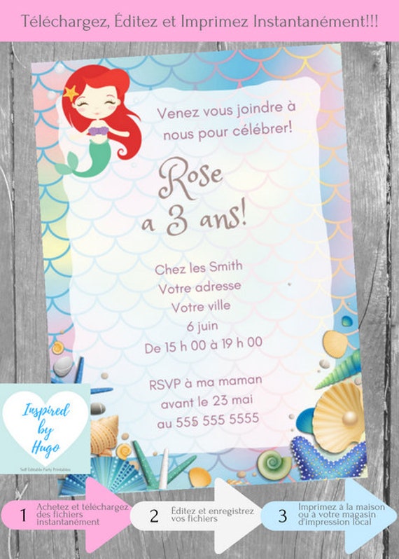 Invitation Sirène Fête D'anniversaire Fille, La Petite Sirène,  Téléchargement Instantané, Invitation En Français Éditable à Personnaliser  -  Israel