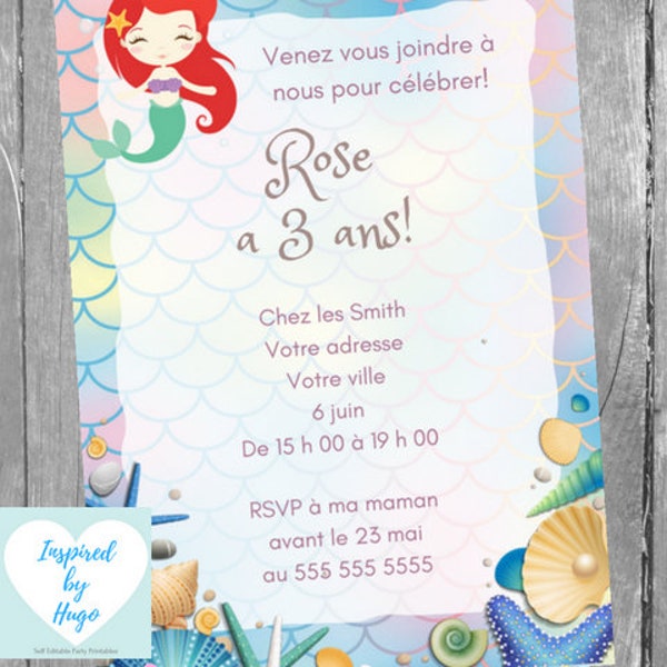 Invitation Sirène fête d'anniversaire fille, La Petite Sirène, Téléchargement Instantané, Invitation en français Éditable à Personnaliser