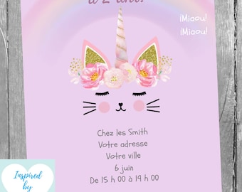 Invitation Minou Licorne fête d'anniversaire fille, Chaton, Chatte Téléchargement Instantané Invitation en français Éditable à Personnaliser