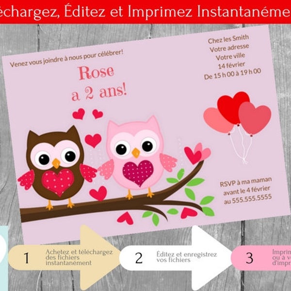 Invitation fête d'anniversaire fille Saint-Valentin, Fête fille, Téléchargement Instantané, Carte d'Invitation en français, PDF modifiable