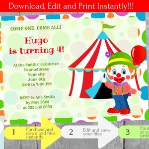 Invitation de Clown fête d'anniversaire enfants, Fête de Cirque, Téléchargement Instantané, Invitation en français Éditable à Personnaliser