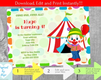Clown Invitation, Circus Party Invite, Carnival Birthday Party Invitation, Clown Kids, INSTANT DOWNLOAD, Editable Invitation to personalize