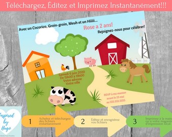 Ferme Invitation fête d'anniversaire fille et Carte de Remerciement Basse-cour Téléchargement Instantané Invitation français à Personnaliser