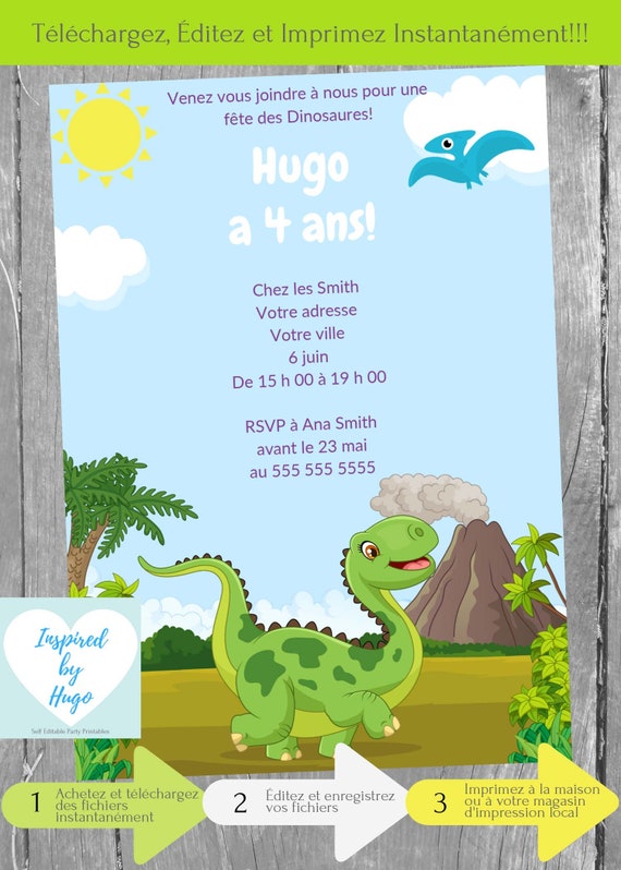 Invitation Dinosaure fête d'anniversaire enfants, Dino T-Rex,  Téléchargement Instantané, Invitation en français Éditable à Personnaliser