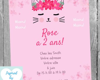 Invitation Minou fête d'anniversaire fille, Chaton, Chatte, Chat, Téléchargement Instantané, Invitation en français Éditable à Personnaliser