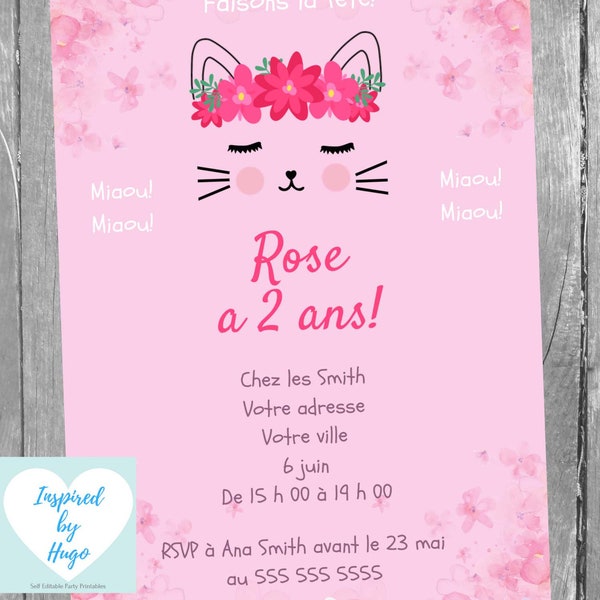 Invitation Minou fête d'anniversaire fille, Chaton, Chatte, Chat, Téléchargement Instantané, Invitation en français Éditable à Personnaliser