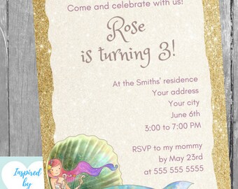 May include: Printable mermaid-themed birthday invitation with a gold glitter background. The invitation features a mermaid with pink hair and a seashell, along with the text "Come and celebrate with us! Rose is turning 3!" and details for the party.