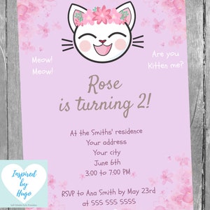Cat Birthday Invitation, Kitten Birthday Invitation, Kitty Cat Birthday Party Invite, INSTANT DOWNLOAD, Editable Invitation to personalize
