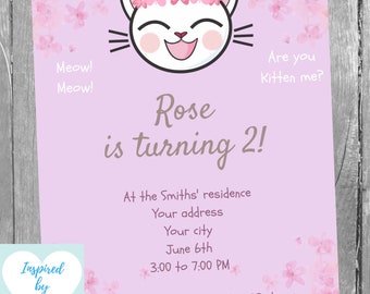Cat Birthday Invitation, Kitten Birthday Invitation, Kitty Cat Birthday Party Invite, INSTANT DOWNLOAD, Editable Invitation to personalize