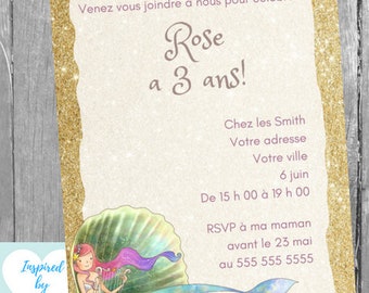 Invitation Sirène fête d'anniversaire fille, La Petite Sirène, Téléchargement Instantané, Invitation en français Éditable à Personnaliser