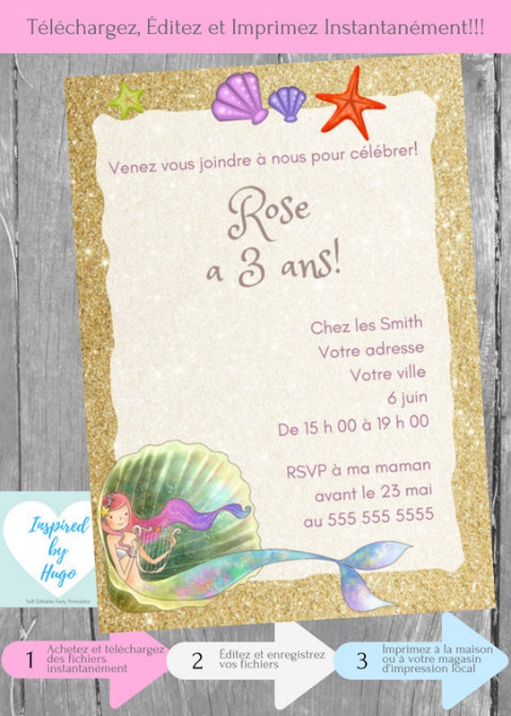 Invitation Sirène fête d'anniversaire fille, La Petite Sirène,  Téléchargement Instantané, Invitation en français Éditable à Personnaliser