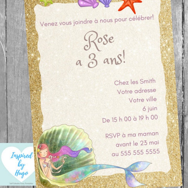 Invitation Sirène fête d'anniversaire fille, La Petite Sirène, Téléchargement Instantané, Invitation en français Éditable à Personnaliser