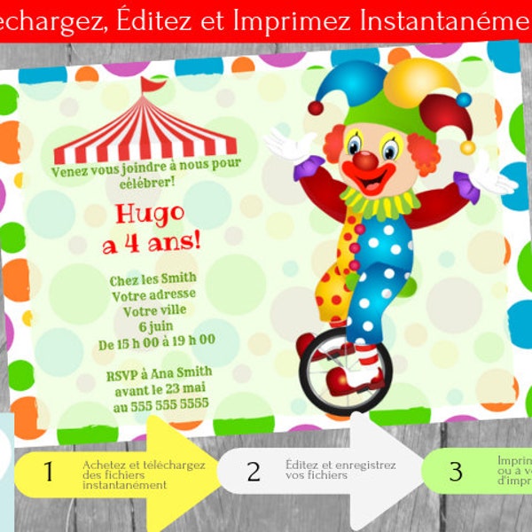 Invitation de Clown fête d'anniversaire enfants, Fête de Cirque, Téléchargement Instantané, Invitation en français Éditable à Personnaliser