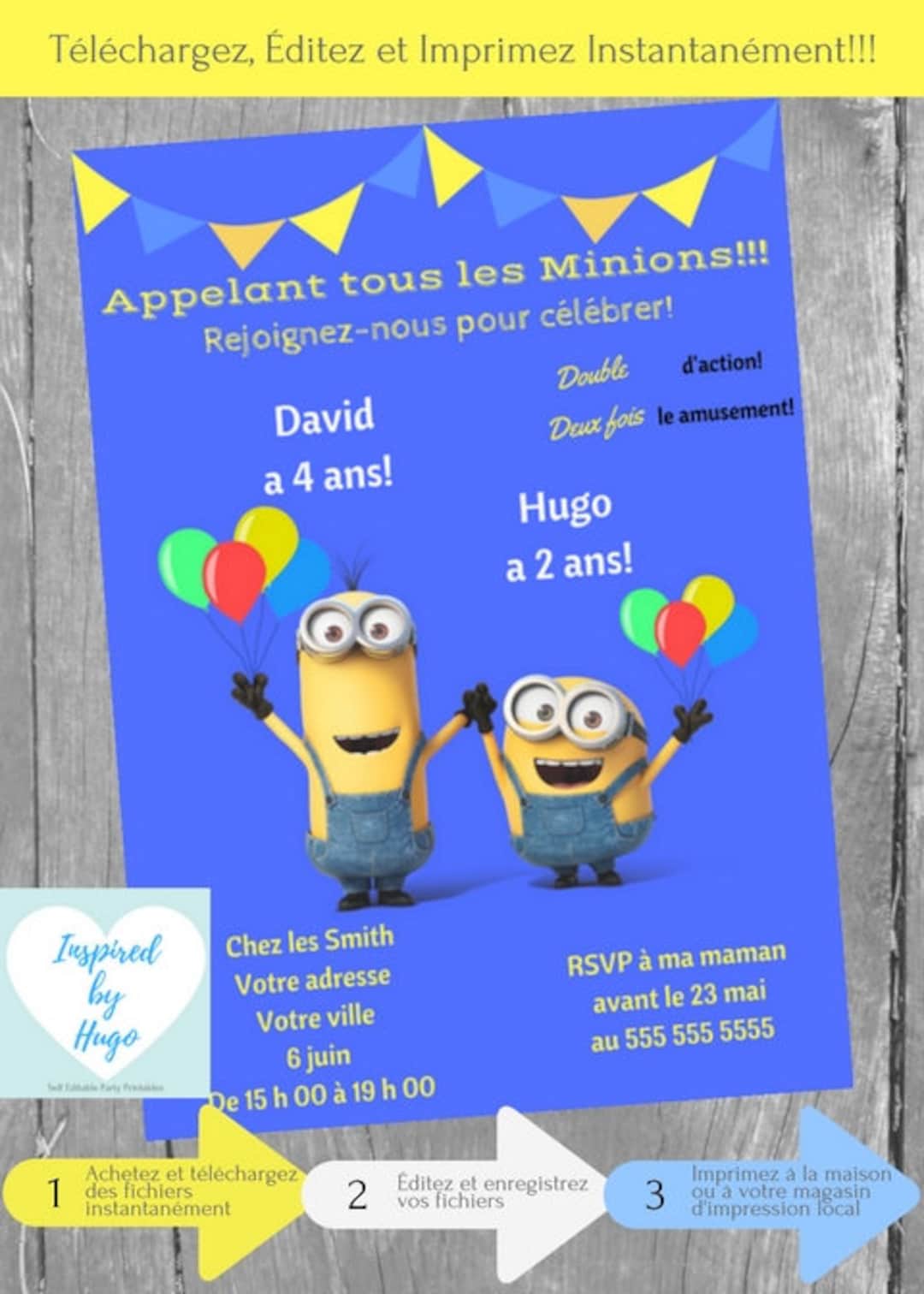 Minion Double Invitation D Anniversaire Garcon Moi Moche Etsy
