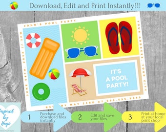 Pool Party Invitation - Swim Party Invitation - Swimming Pool - Instant Download - Editable Invitation-Personalize at home with Adobe Reader