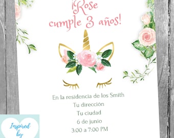 Invitación Unicornio Fiesta de Cumpleaños Niña, Invitación Unicornio, Descarga Instantánea, Invitación en español Editable para personalizar