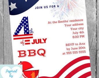 Invitación 4 de julio, Invitación BBQ 4th of July, Día Independencia, Ideas Día Independencia, Descarga Instantánea, PDF en español Editable