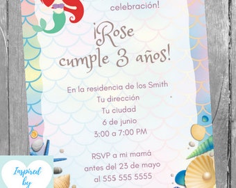 Invitación Sirena Fiesta de Cumpleaños Niña, Invitación Sirenita, Descarga Instantánea, Invitación en español Editable para personalizar
