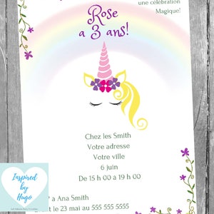 Invitation Licorne fête d'anniversaire fille, Anniversaire Licorne Téléchargement Instantané Invitation en français Éditable à Personnaliser