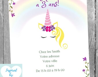 Invitation Licorne fête d'anniversaire fille, Anniversaire Licorne Téléchargement Instantané Invitation en français Éditable à Personnaliser