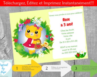 Invitation aux fraises fête d'anniversaire fille, Invitation fraises, Téléchargement Instantané Invitation français Éditable à Personnaliser