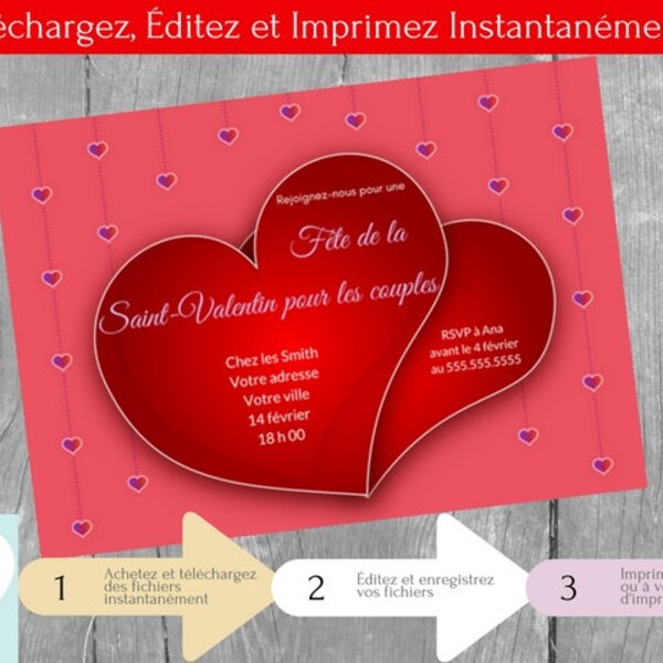 Invitation fête de la Saint Valentin pour couples, Saint-Valentin, Téléchargement Instantané, Carte d'Invitation en français, PDF modifiable