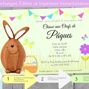 Invitation Chasse aux œufs de Pâques, Fête de Pâques, Idées Fête de Pâques, Téléchargement Instantané, Invitation en français PDF modifiable